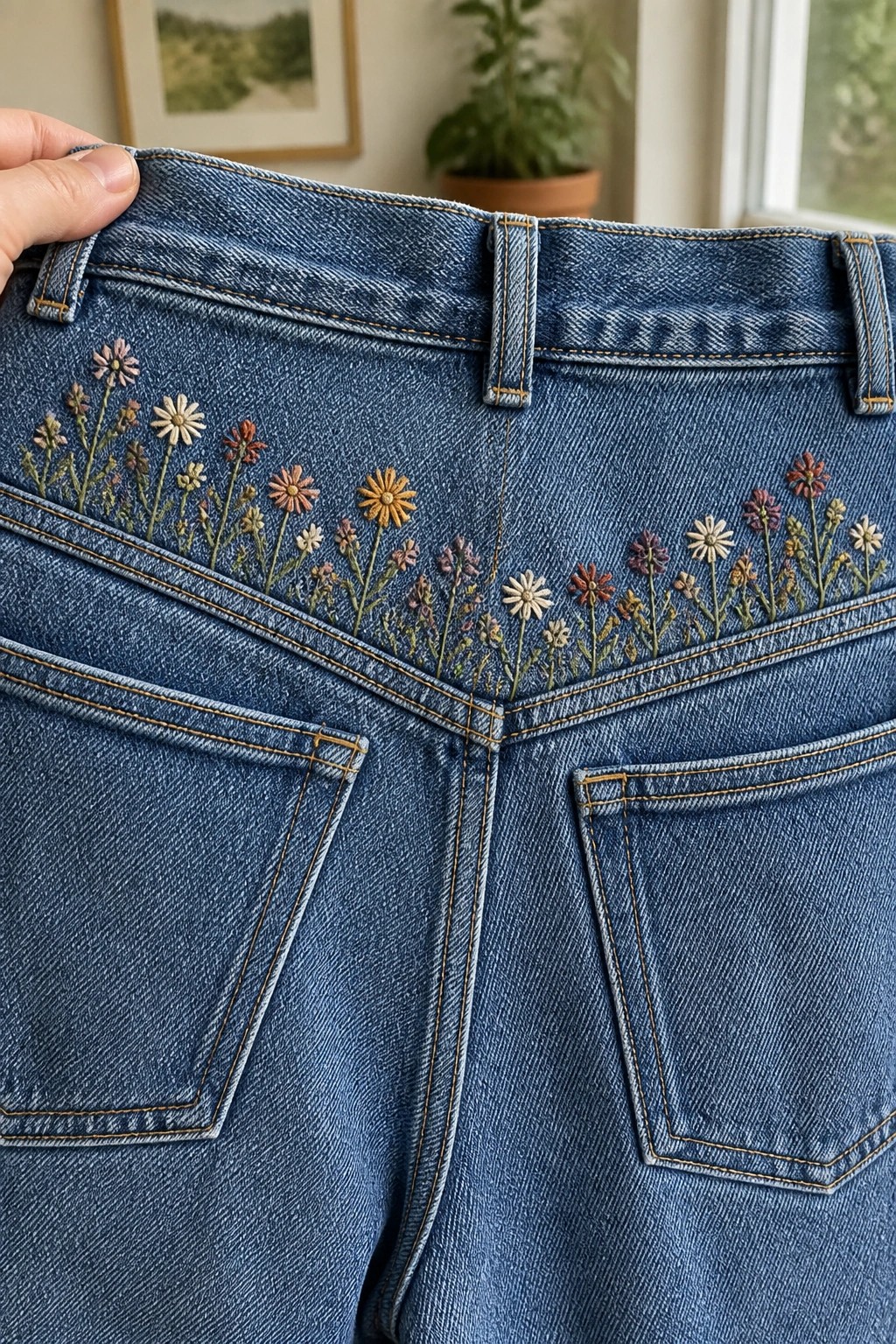 Blue denim jeans with colorful floral embroidery across the back waistband and yoke.