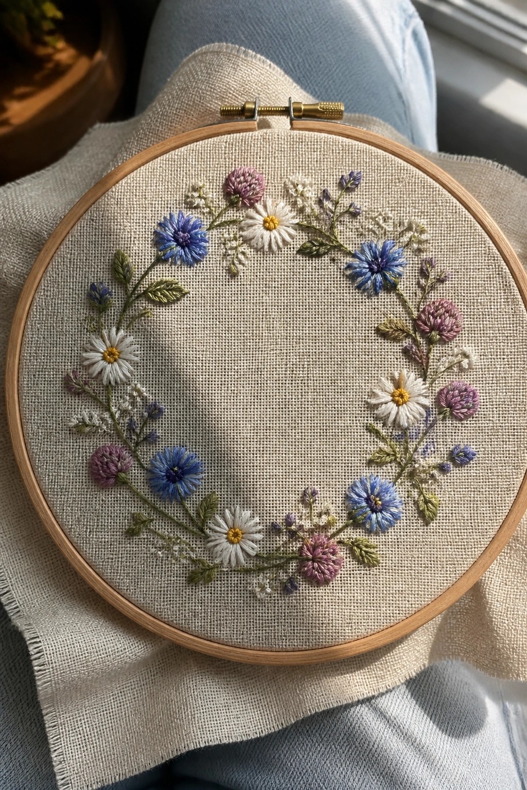 Wooden embroidery hoop with blue, white, and pink floral wreath on beige fabric over jeans.