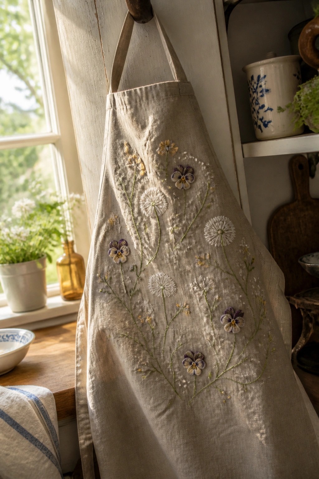 A beige linen apron with embroidered wildflowers including purple pansies and white dandelion puffs hanging near a window.