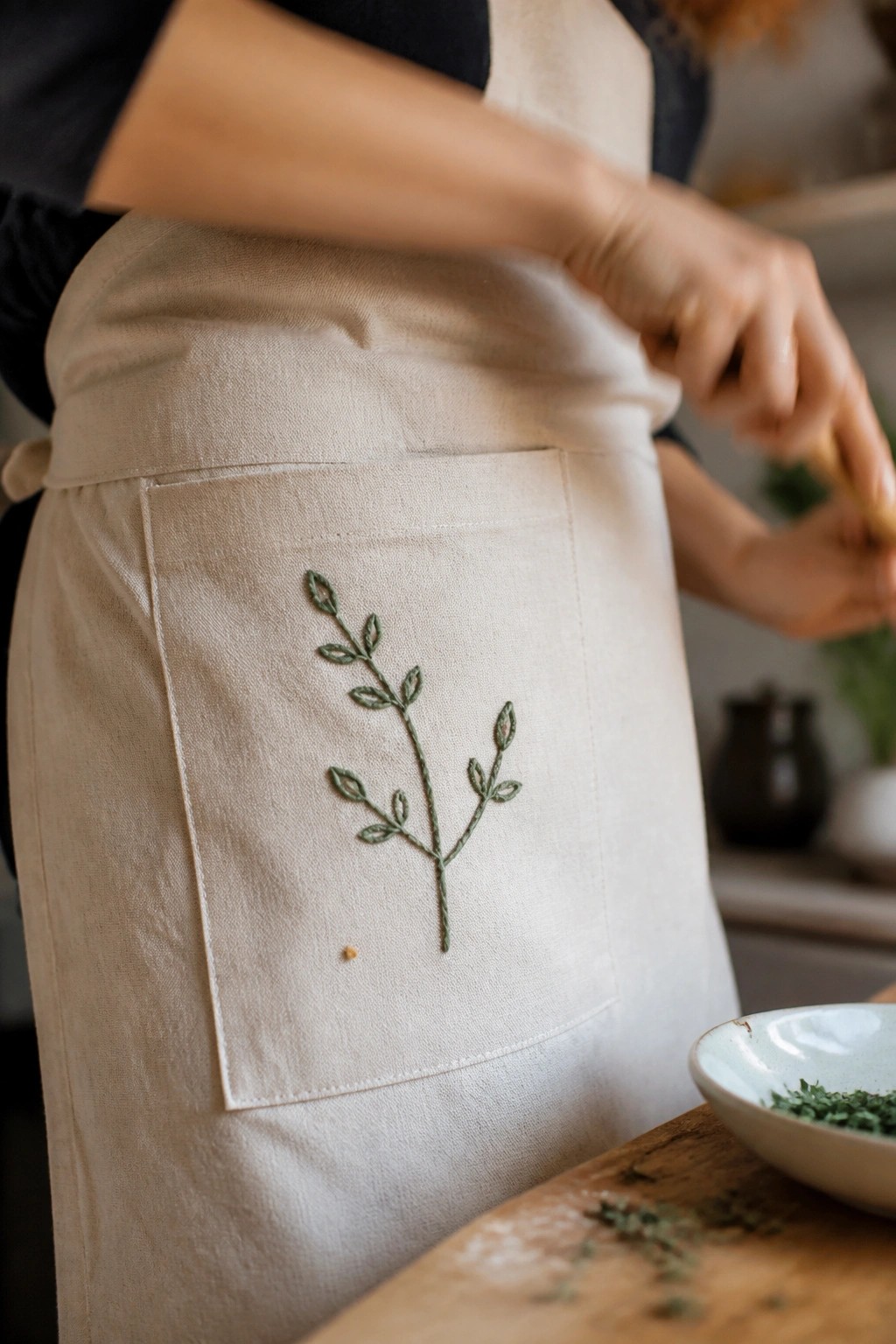 Beige apron with green embroidered plant on pocket near wooden board with fresh herbs.