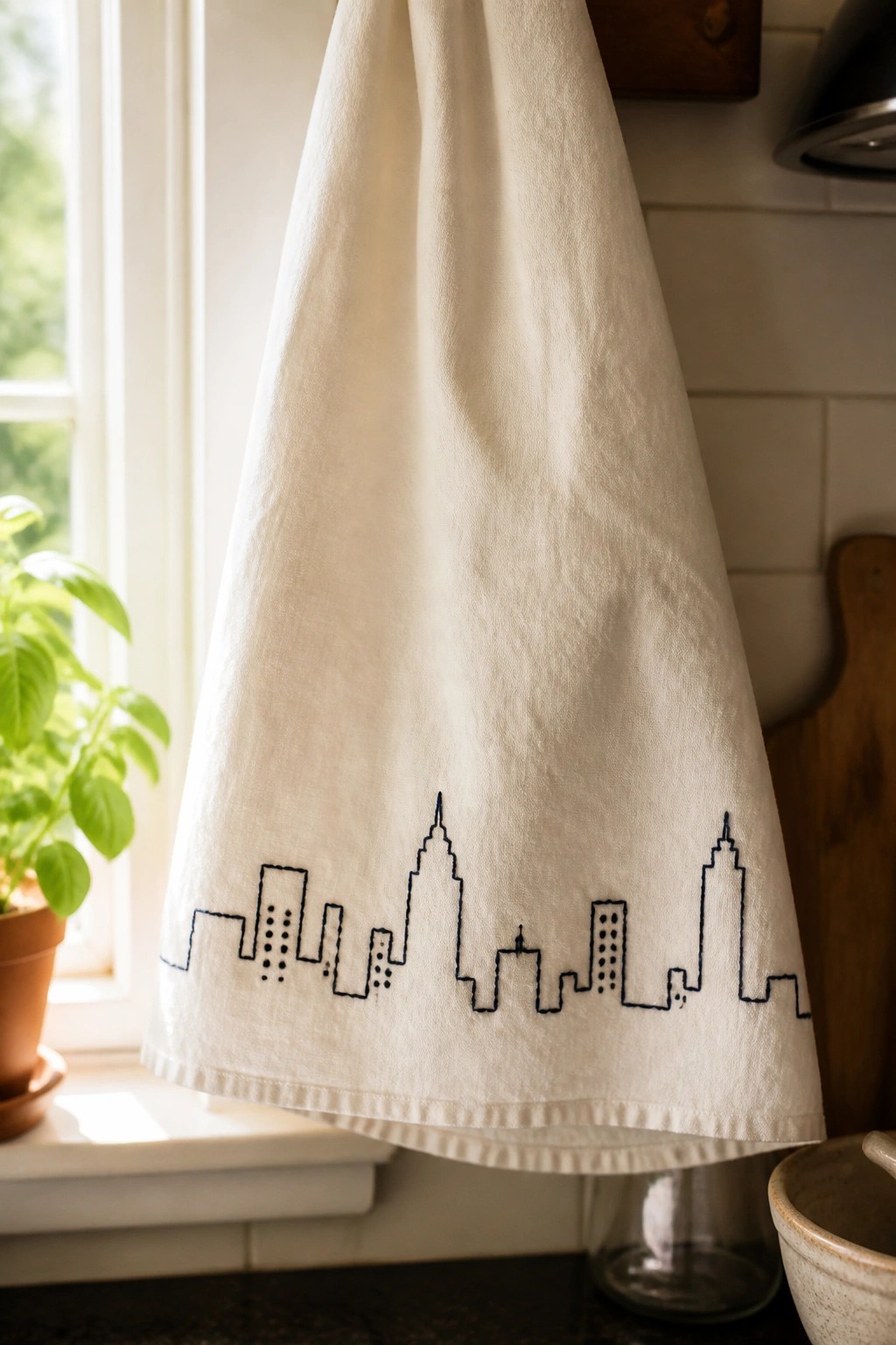 White towel with black city skyline embroidery hanging in sunny kitchen