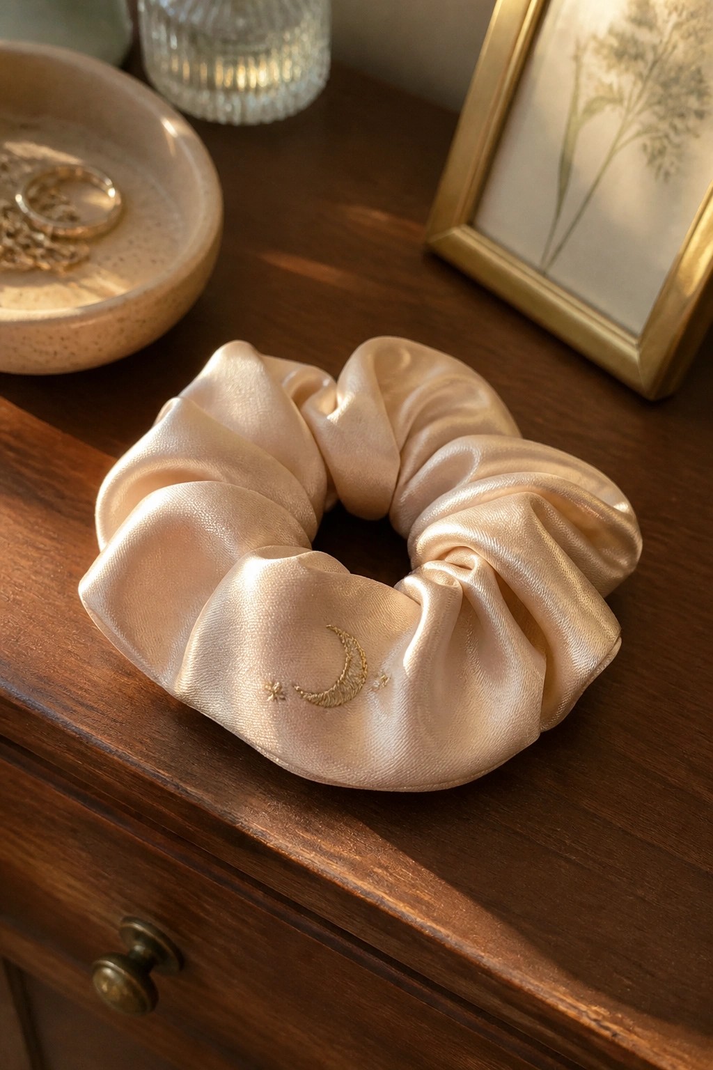 Beige satin scrunchie with gold crescent moon and stars on wooden table