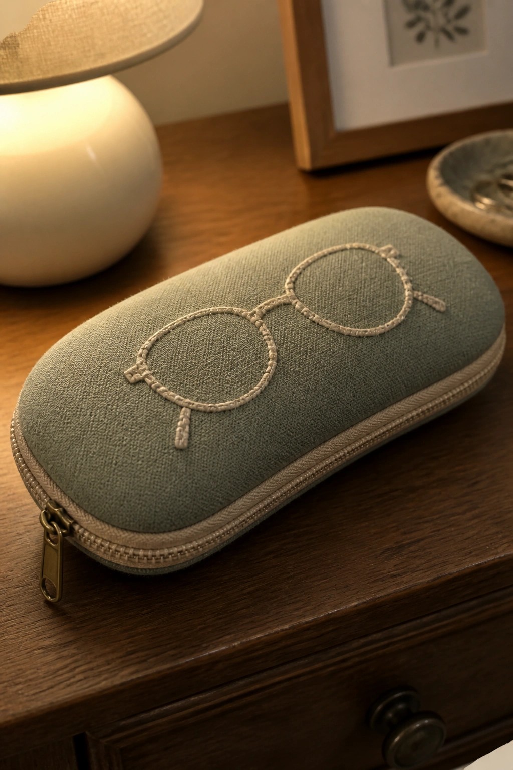 Sage green fabric eyeglass case with embroidered glasses on wooden table