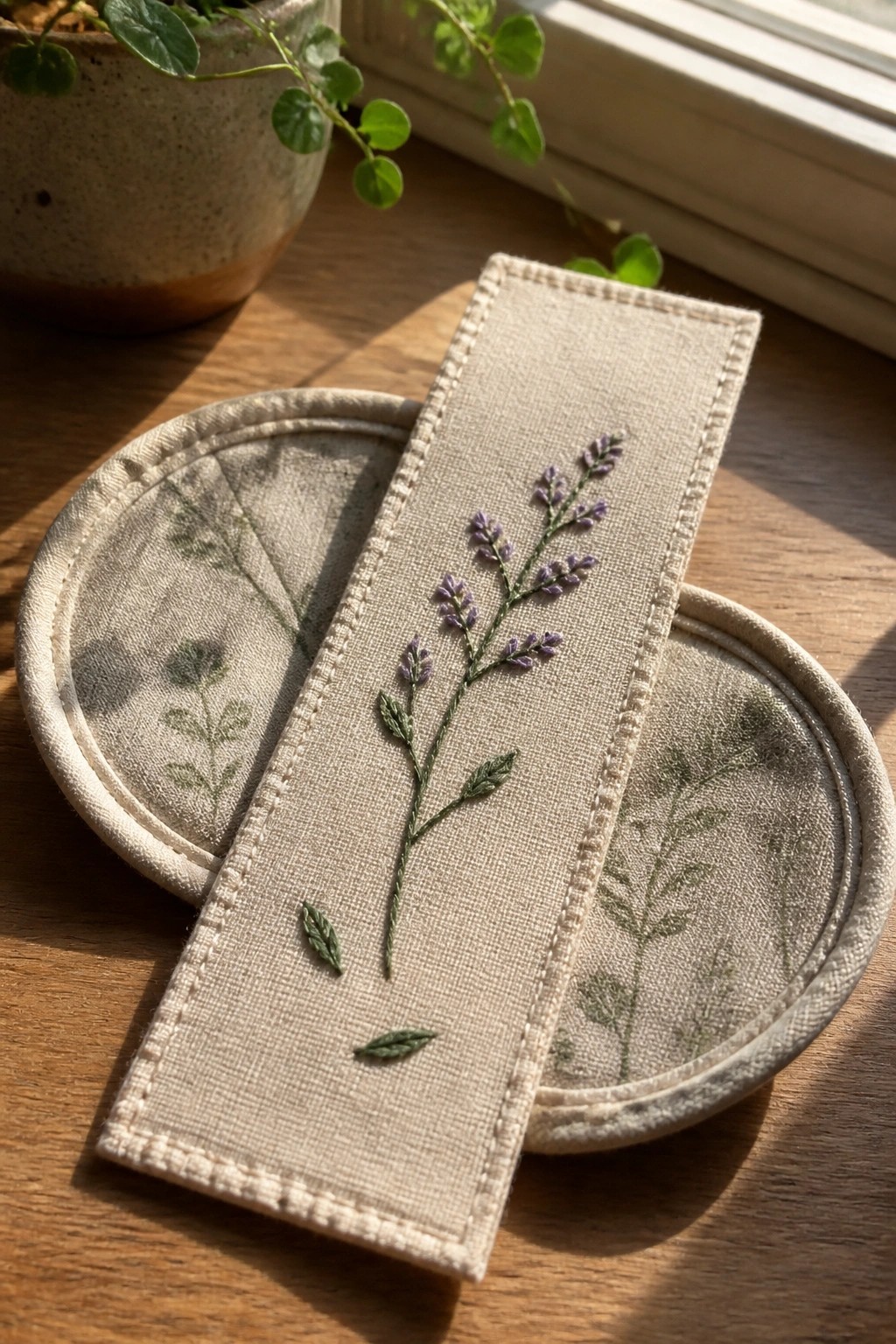 A narrow beige fabric bookmark with an embroidered lavender stem rests on a round embroidered coaster on a wooden table.