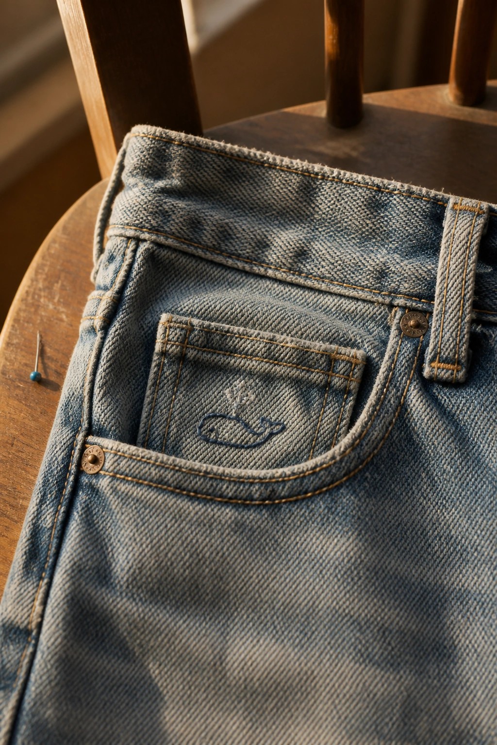 Close-up of light blue denim jeans with a small blue embroidered whale on the back pocket resting on a wooden chair.