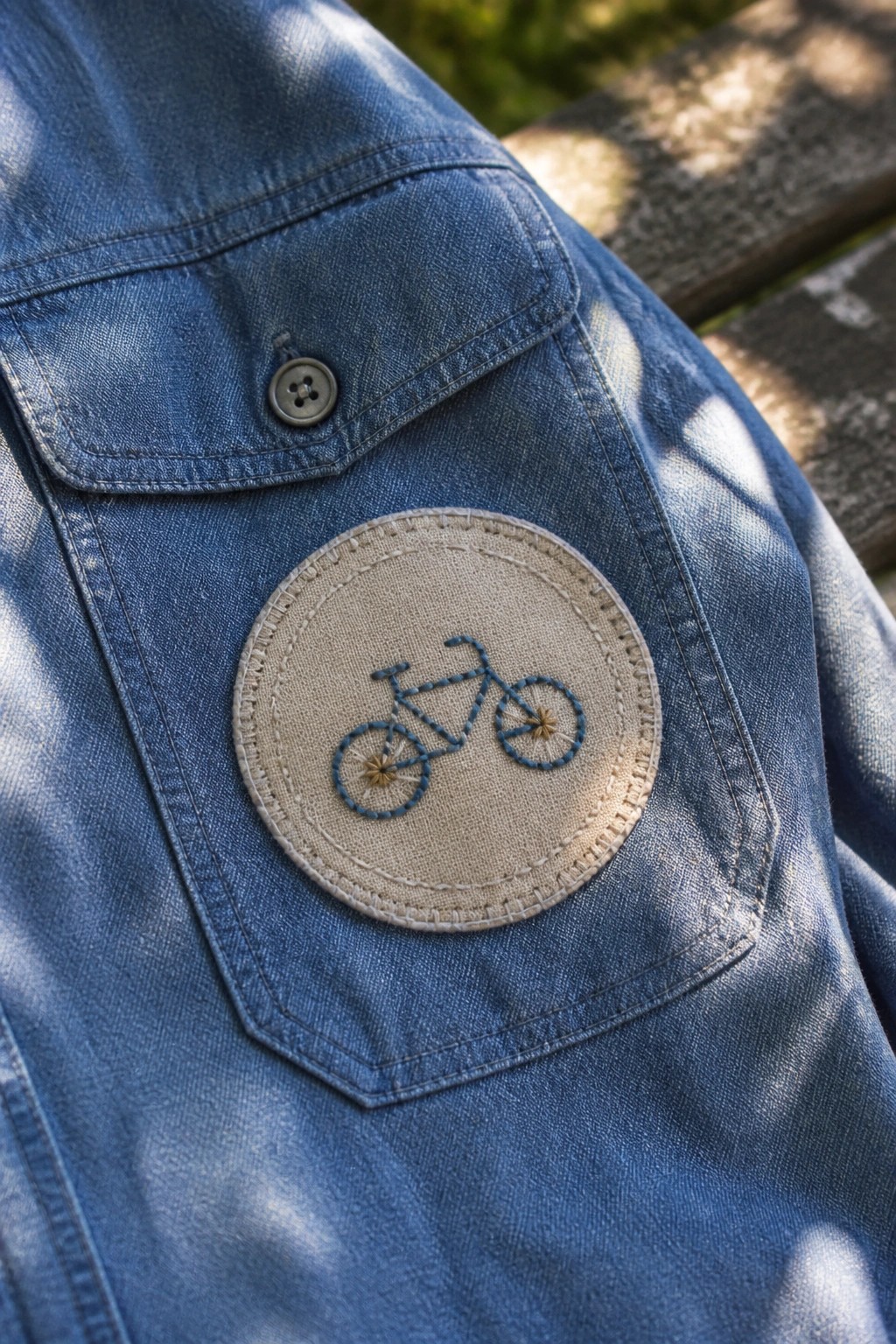 Blue denim jacket pocket with beige circular patch embroidered with blue bicycle