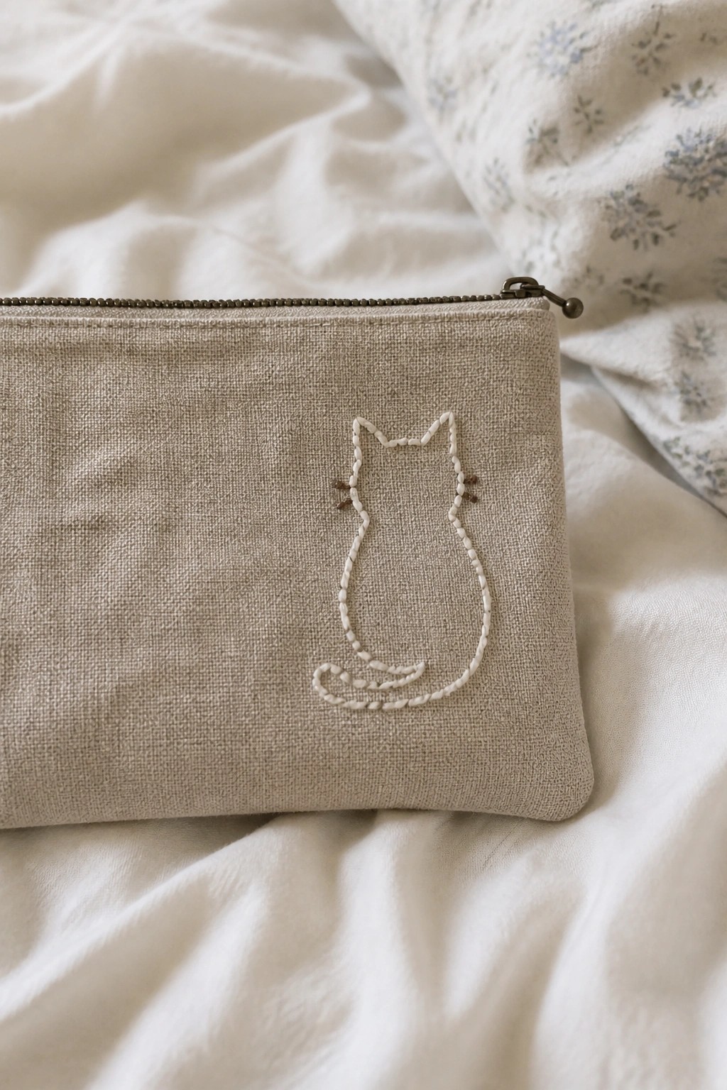 Beige linen zip pouch with white embroidered cat on rumpled white fabric