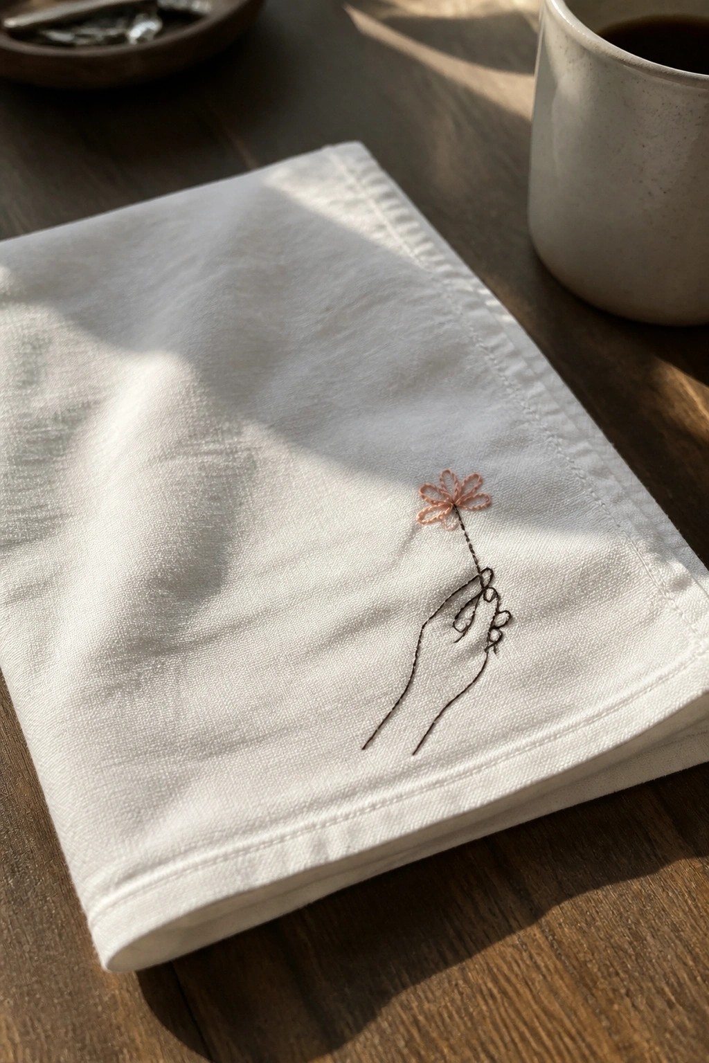 White folded napkin embroidered with a black line drawing of a hand holding a small pink flower.