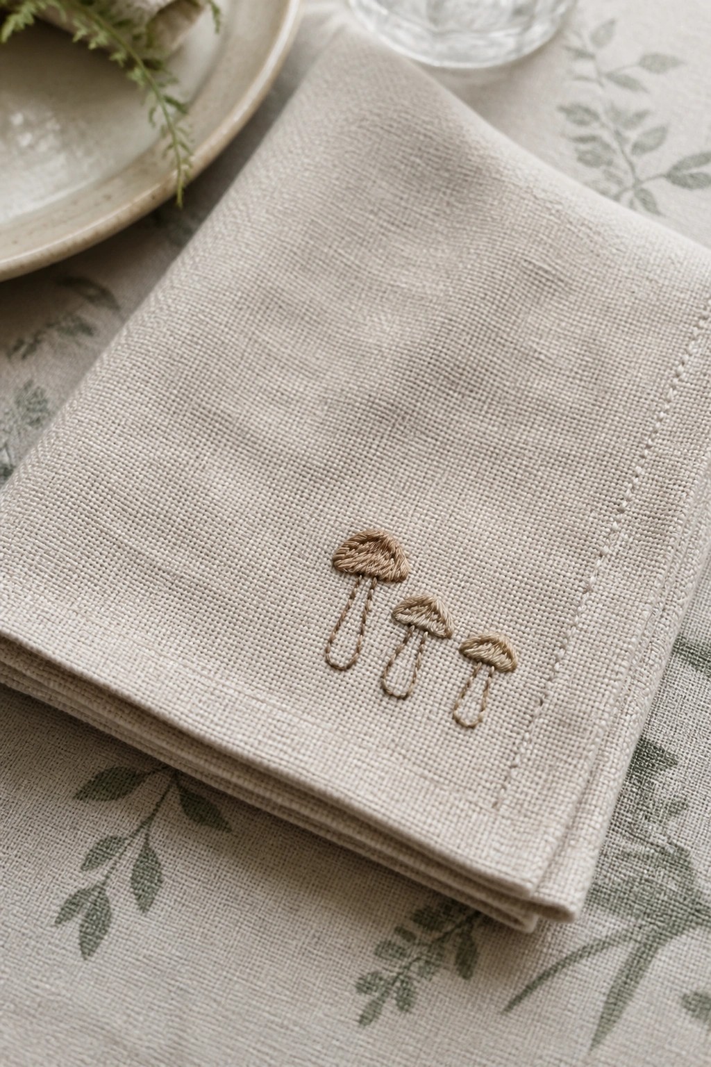 Beige linen napkin embroidered with three mushrooms on a patterned tablecloth