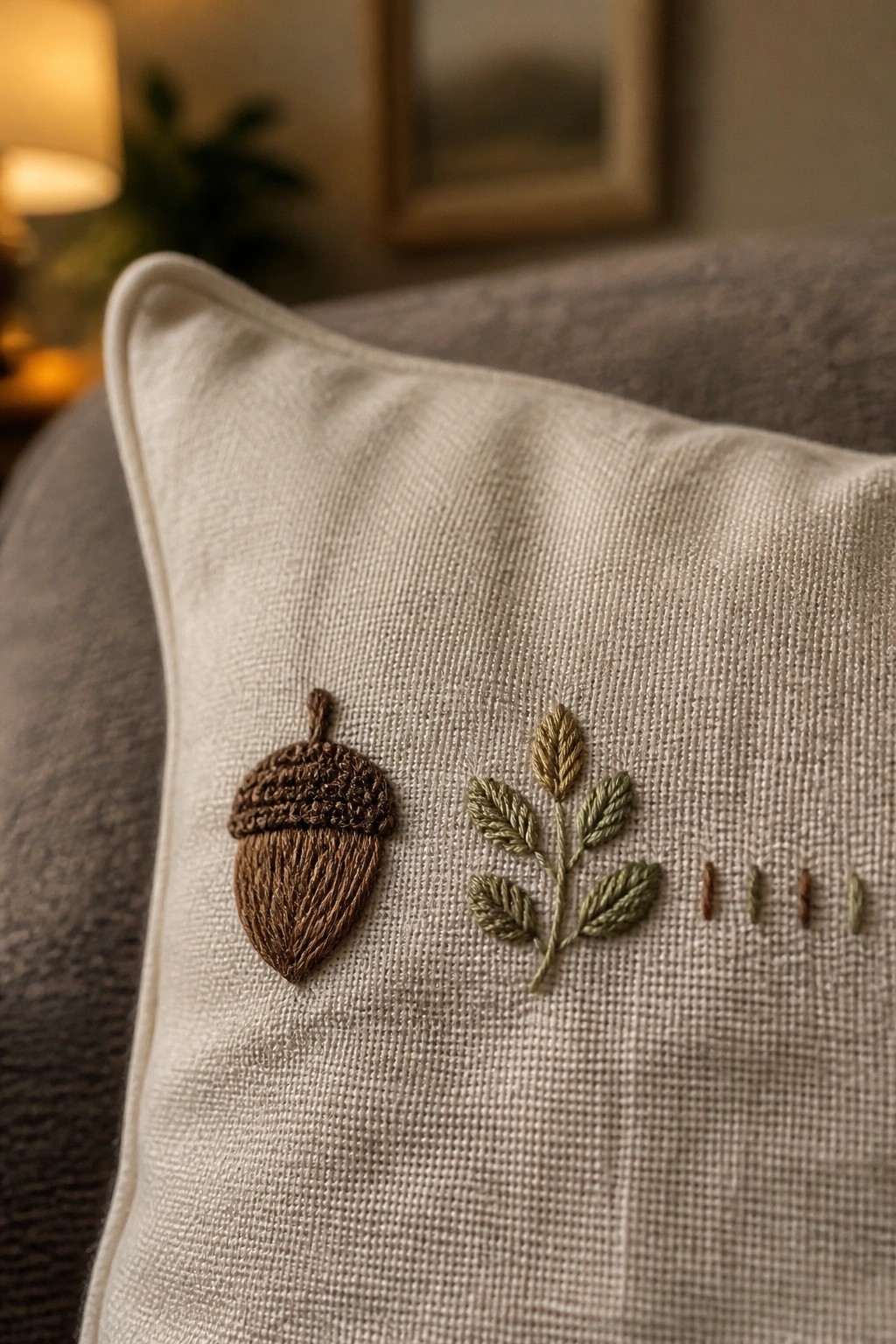 Close-up of beige fabric with embroidered brown acorn, green leafy branch, and small colored dash stitches.
