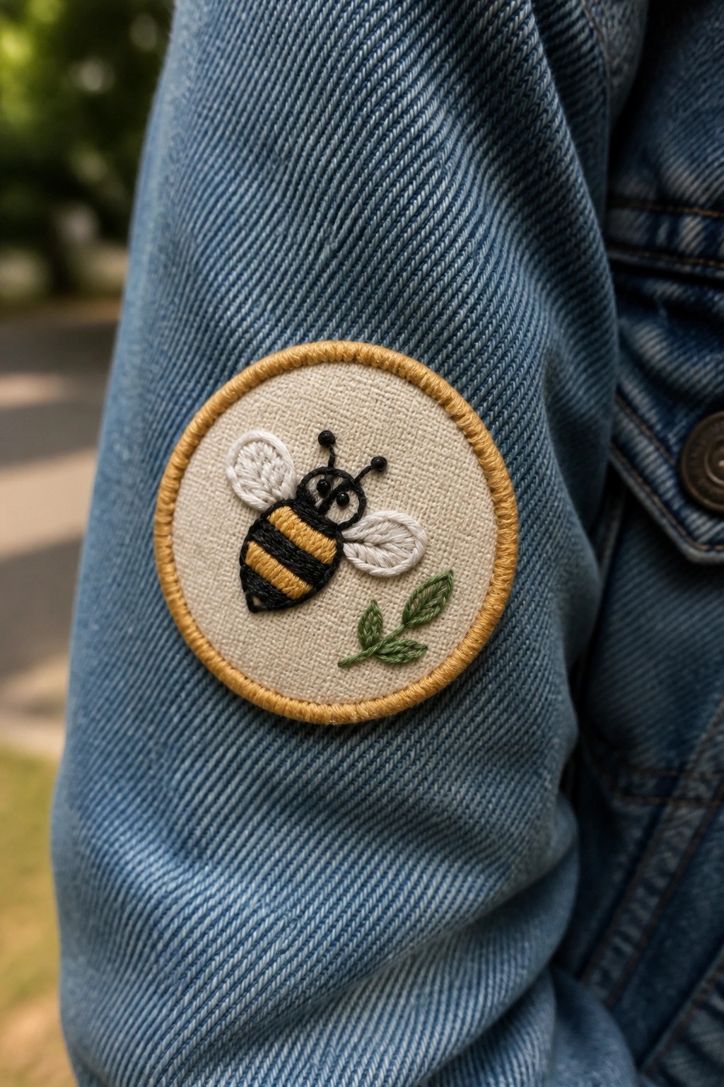 Yellow and black embroidered bee patch on blue denim jacket sleeve