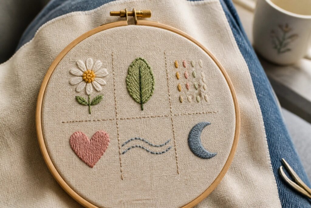 20 Simple Embroidery Sampler Ideas That Build Stitch Confidence Embroidery hoop with daisy, leaf, heart, crescent moon, and stitched patterns on fabric.