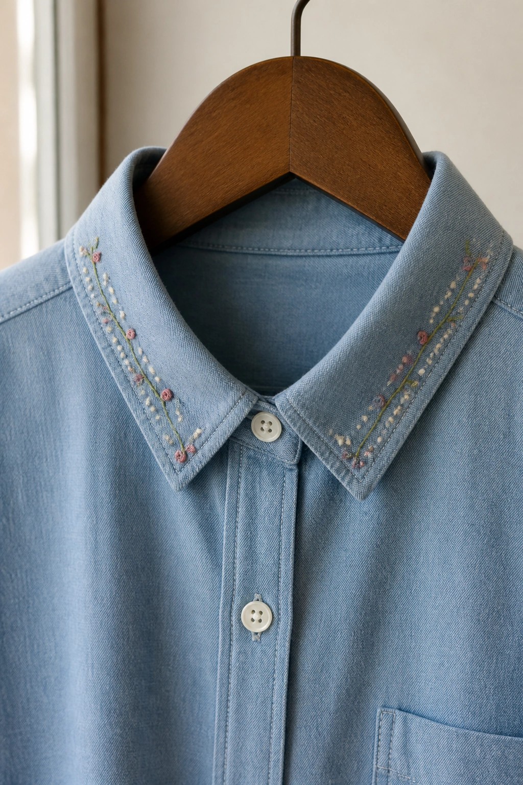 Light blue denim shirt with floral embroidery on collar on wooden hanger
