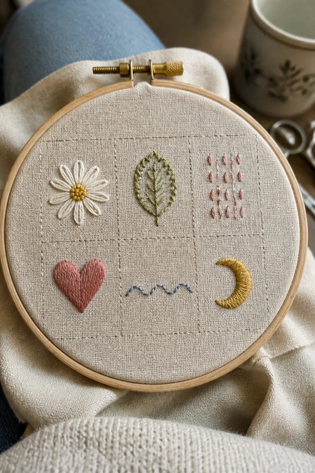Embroidery hoop with daisy, leaf, heart, crescent moon, and stitched patterns on fabric.