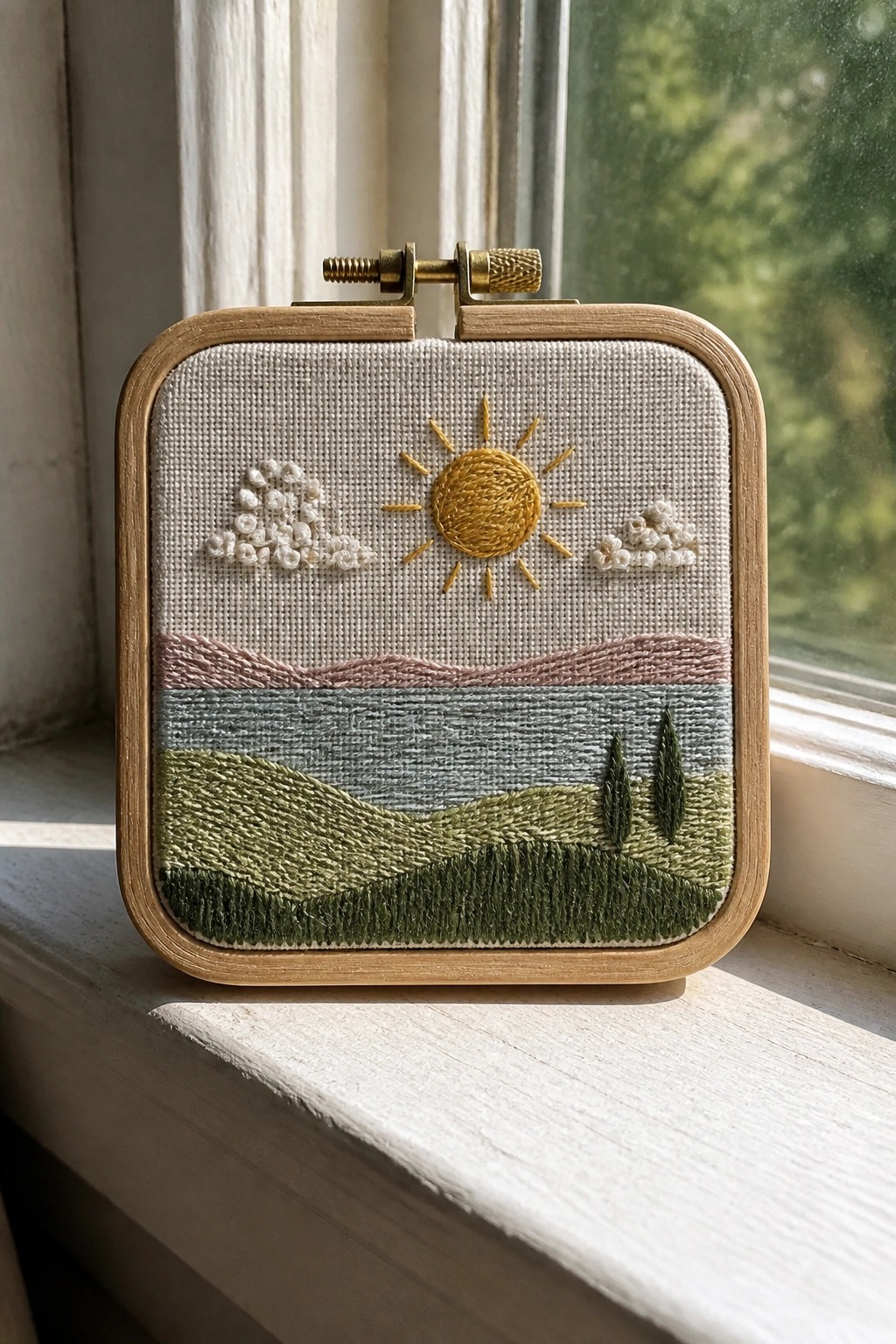 An embroidery hoop with a landscape design featuring a yellow sun, white clouds, and bands of green and blue hills on light fabric.