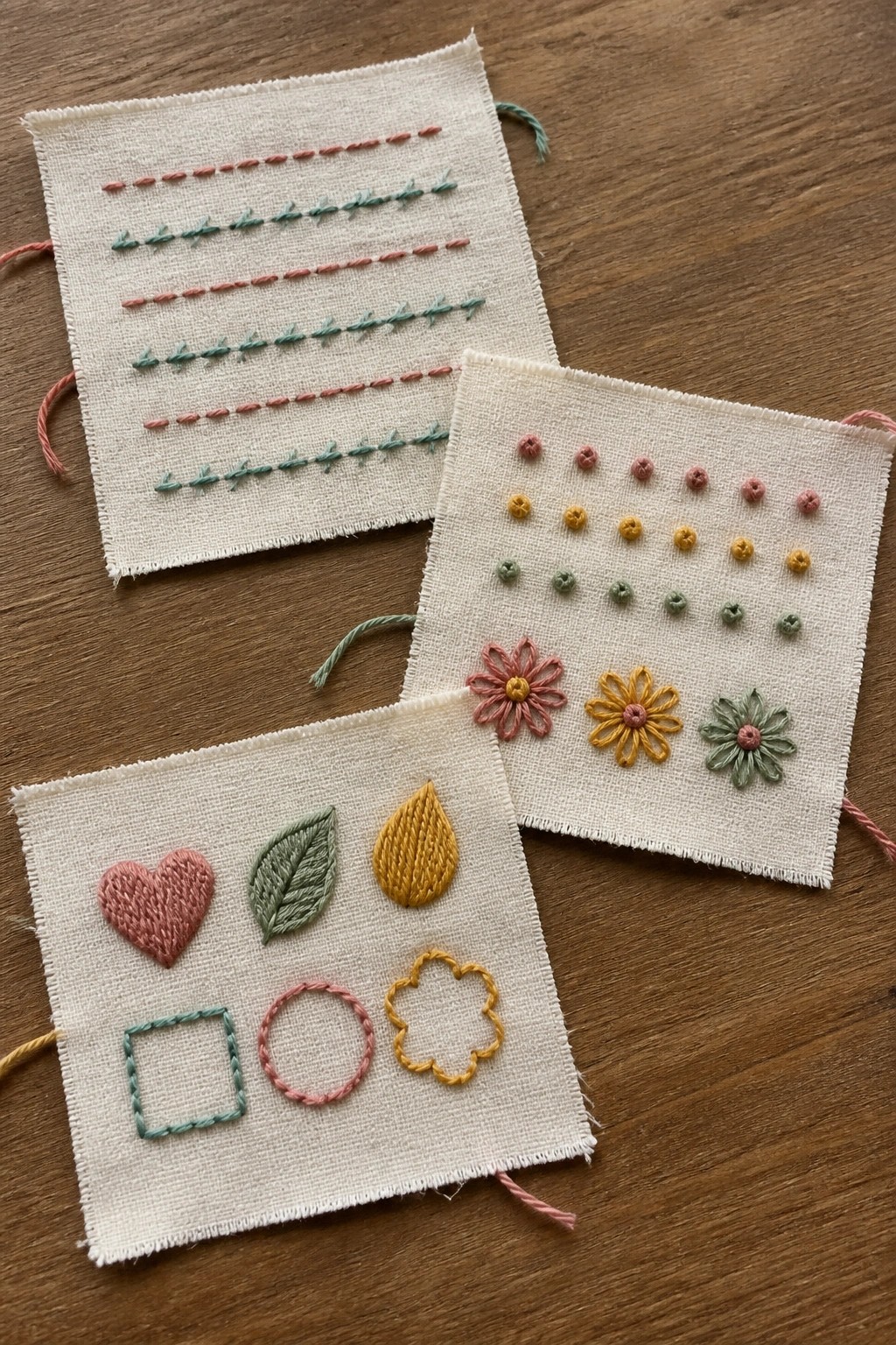 Three embroidered fabric swatches with colorful stitches, hearts, flowers, and shapes on wood.