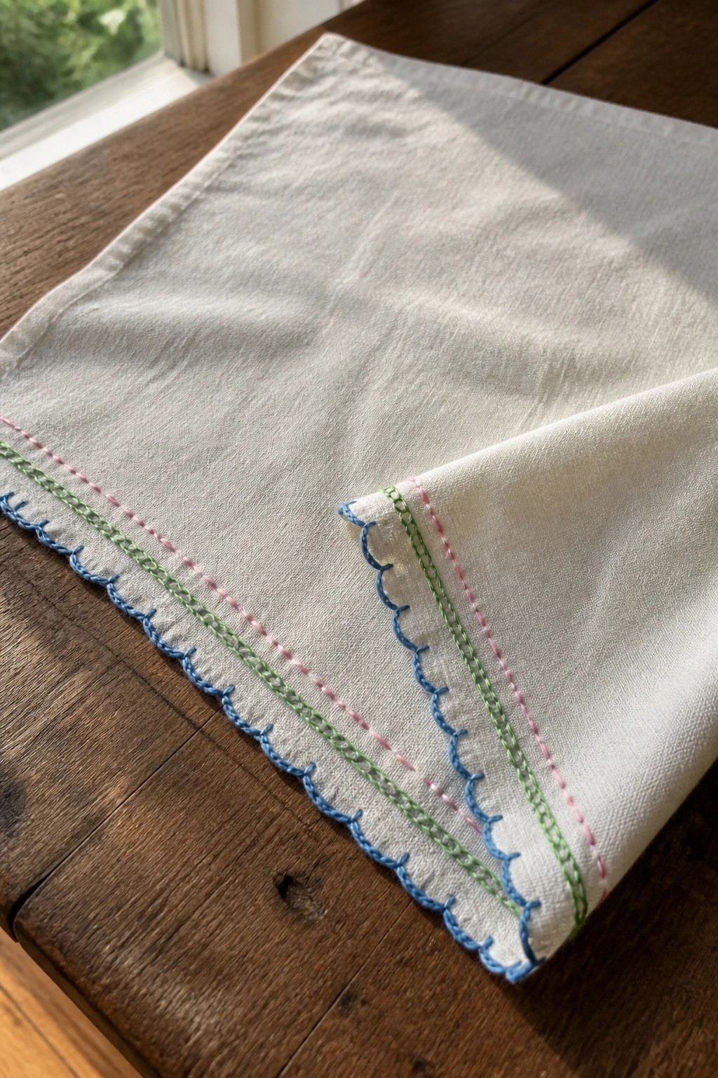 White napkin with blue, green, and pink scalloped embroidery on wooden table.