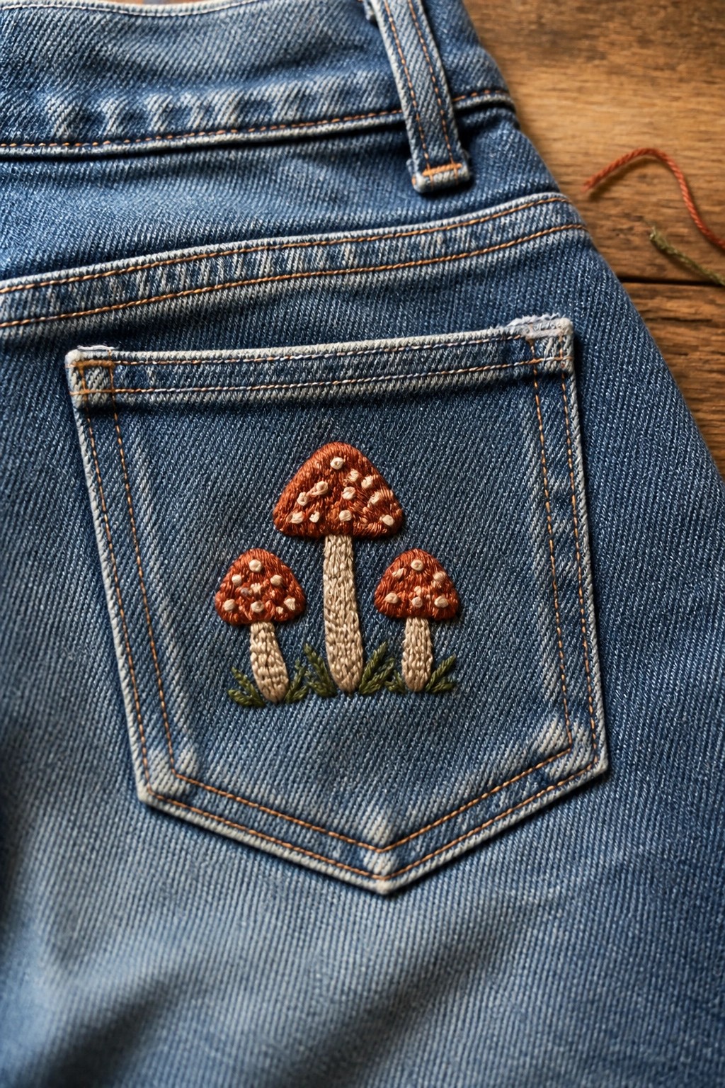 Blue denim jeans pocket embroidered with three brown-capped mushrooms on beige stems