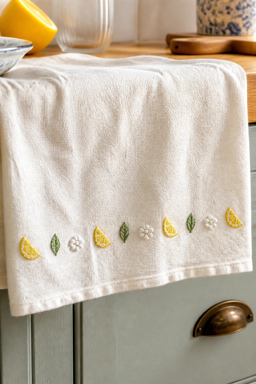 White towel embroidered with lemon slices, leaves, and flowers on kitchen counter
