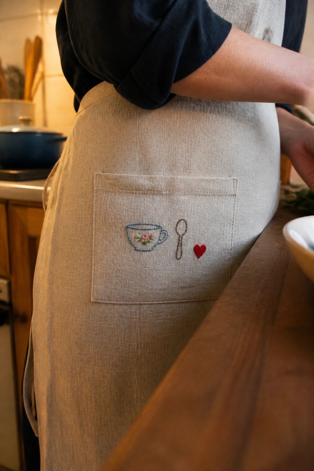 Beige linen apron pocket embroidered with floral teacup, spoon, and red heart