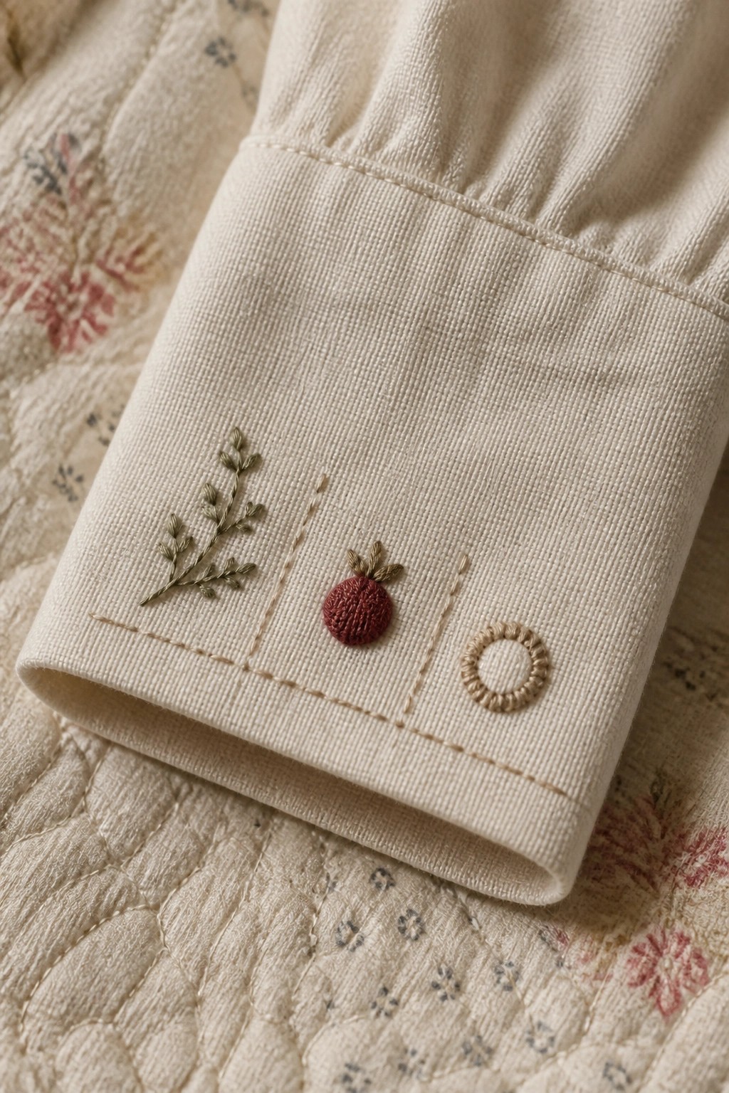 Cream fabric cuff with green branch, red berry, and beige ring embroidered along the edge on a quilted background.