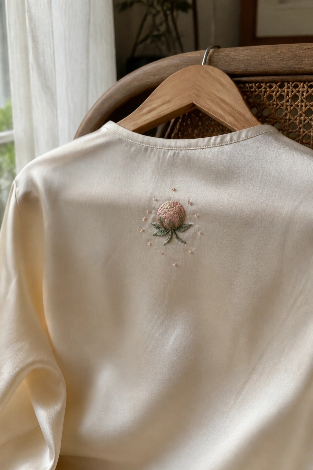 Cream blouse back with pink embroidered flower on wooden hanger over chair