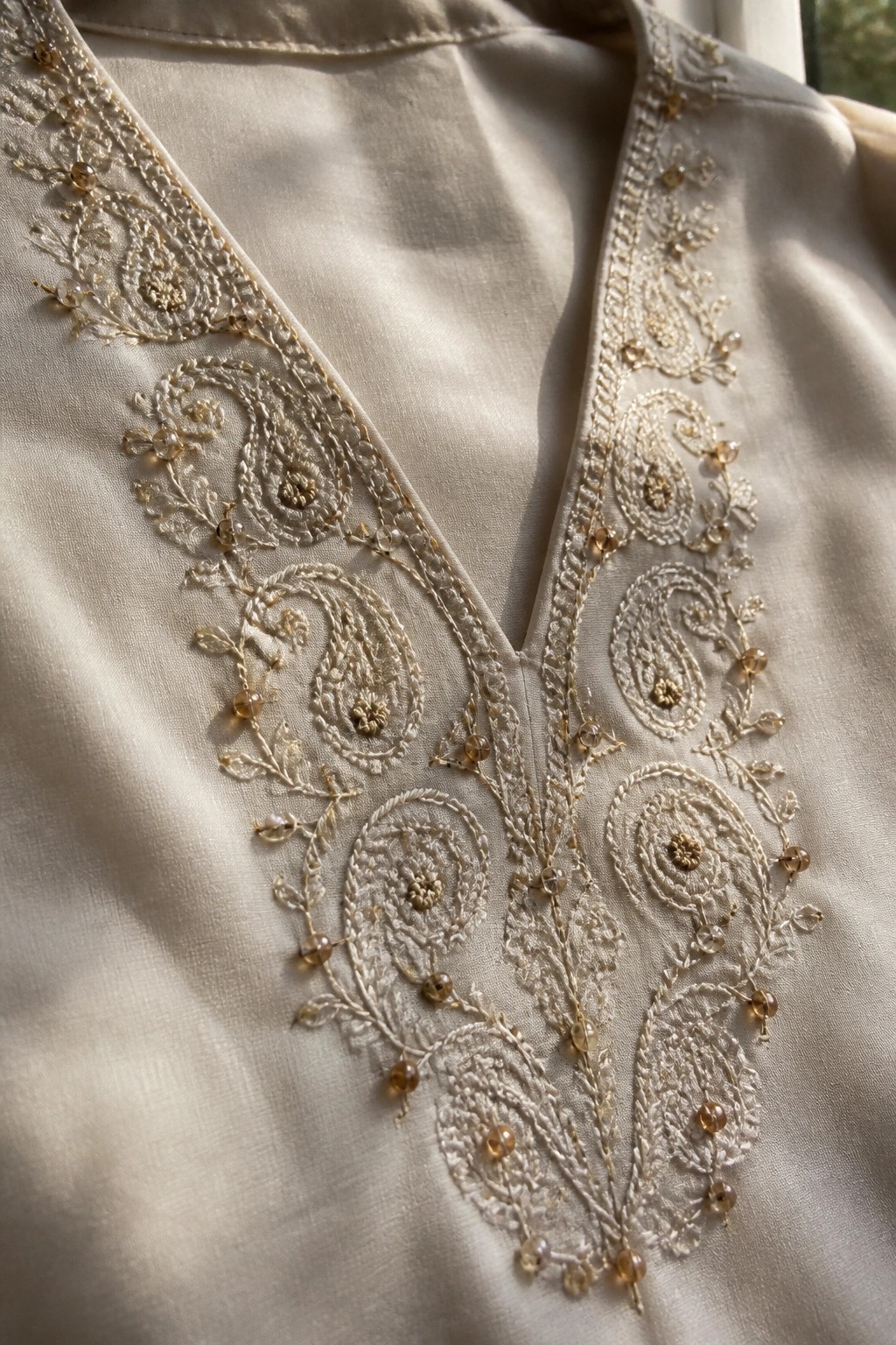 Cream blouse with intricate paisley embroidery and beaded details on V-neck.