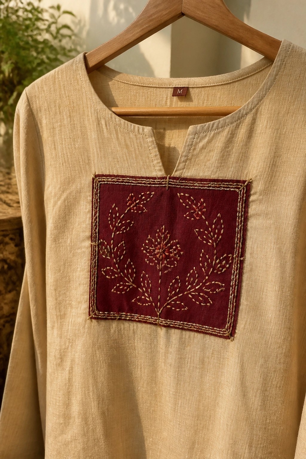Beige shirt on wooden hanger with maroon floral embroidered chest patch.