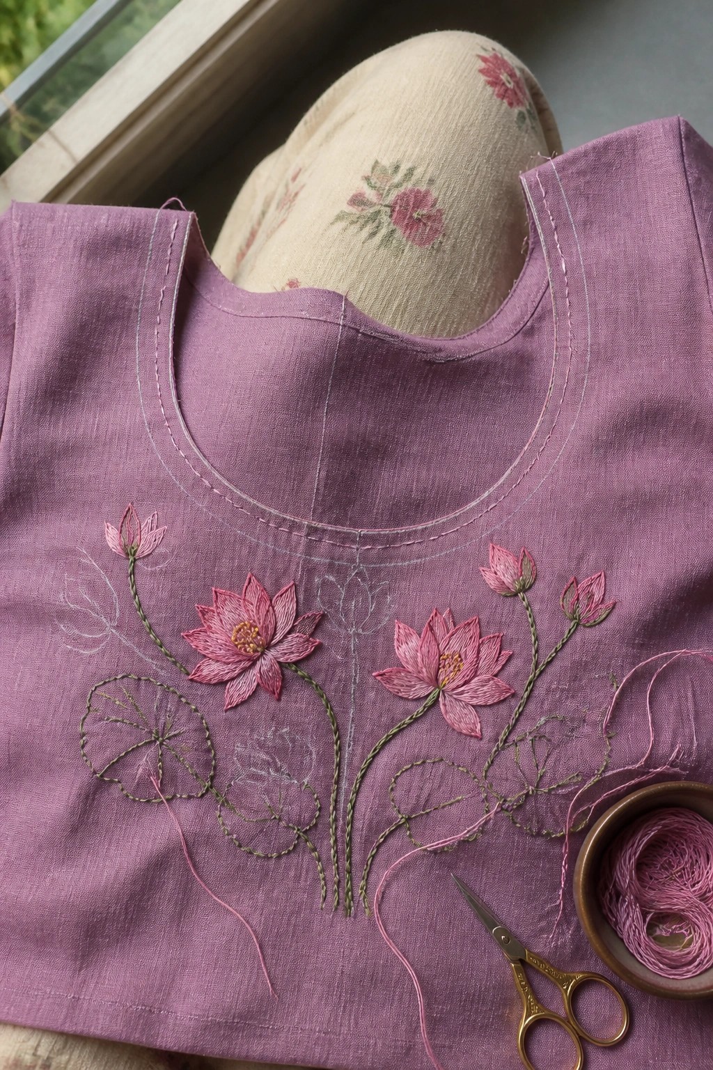 Purple blouse with pink lotus embroidery, gold scissors, and thread beside floral pants.