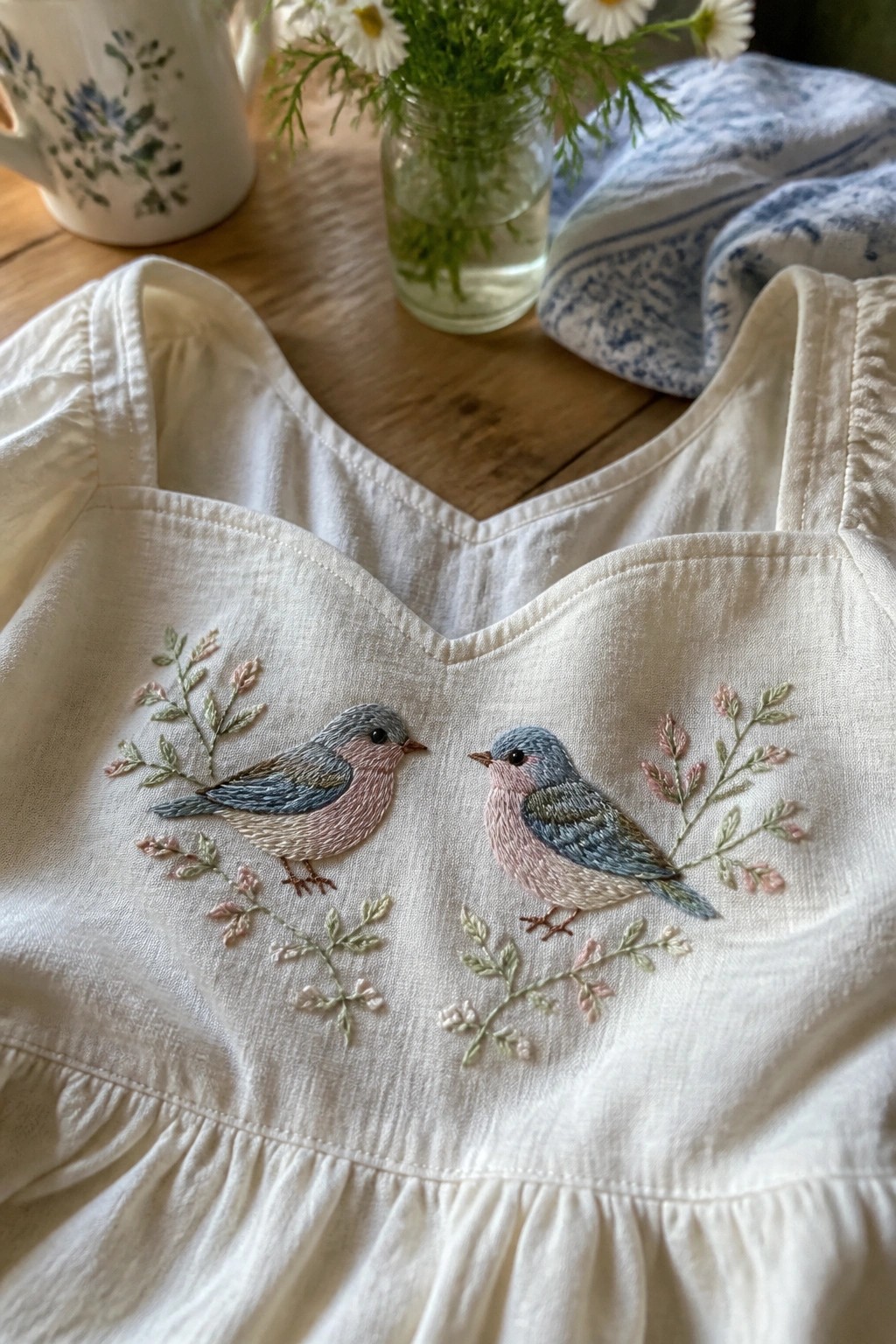 White V-neck garment with two embroidered birds on branches placed symmetrically on the chest.