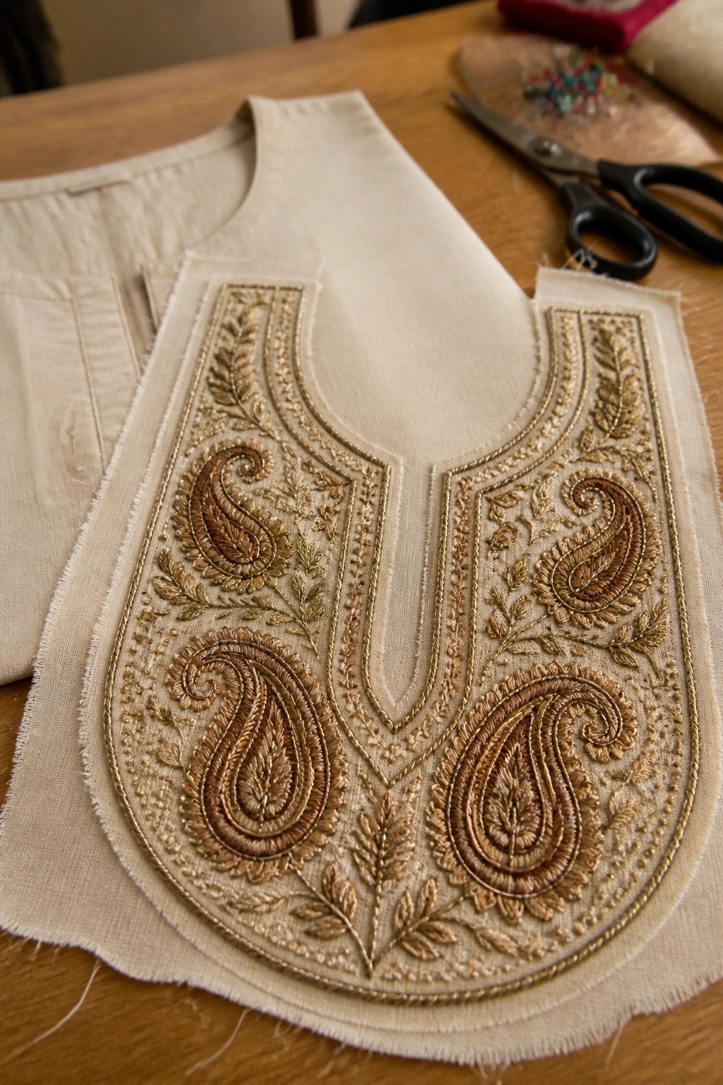 Close-up of off-white fabric with brown and beige paisley embroidery around a keyhole neckline, placed on a wooden table with scissors nearby.