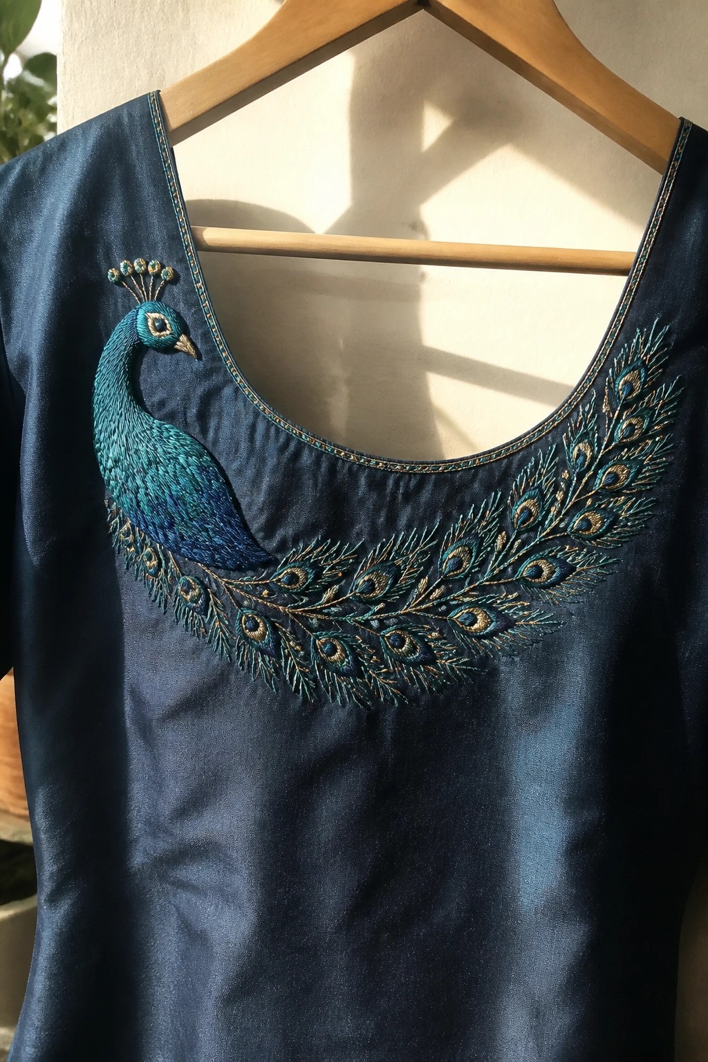 Dark blue blouse with teal and gold peacock embroidery on wooden hanger