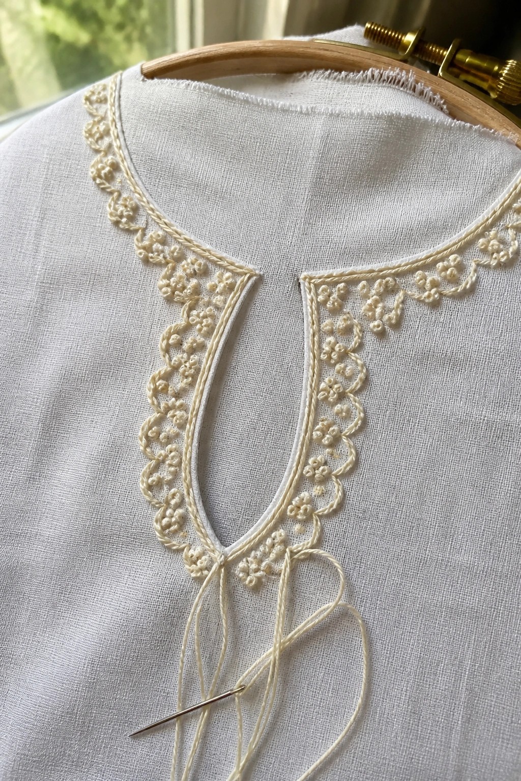 Cream embroidered keyhole neckline on white fabric in hoop with needle