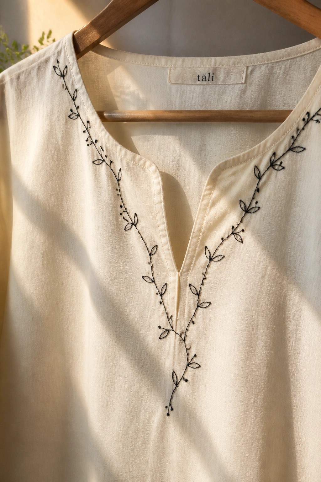Cream linen blouse with black vine embroidery on wooden hanger.
