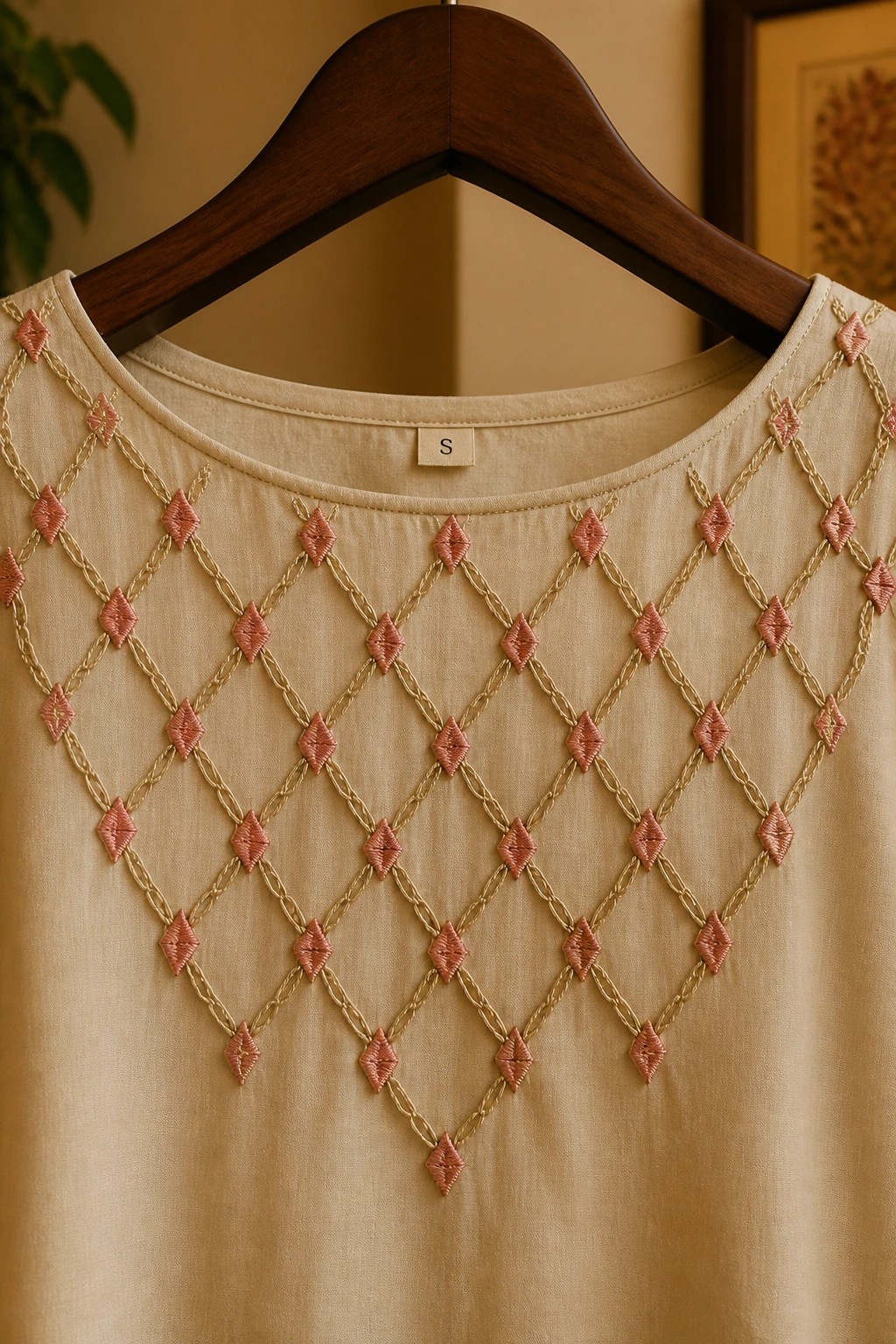 Beige sleeveless top with pink diamond embroidery and gold lattice on hanger.