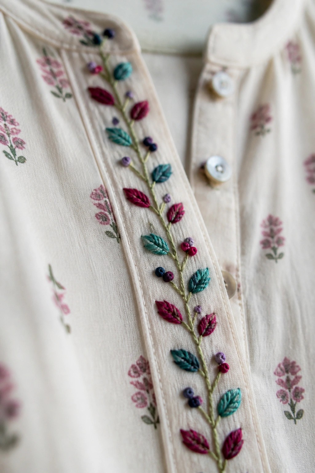 Close-up of cream fabric with a vertical embroidered vine of teal and maroon leaves plus small colorful berries along the button placket.