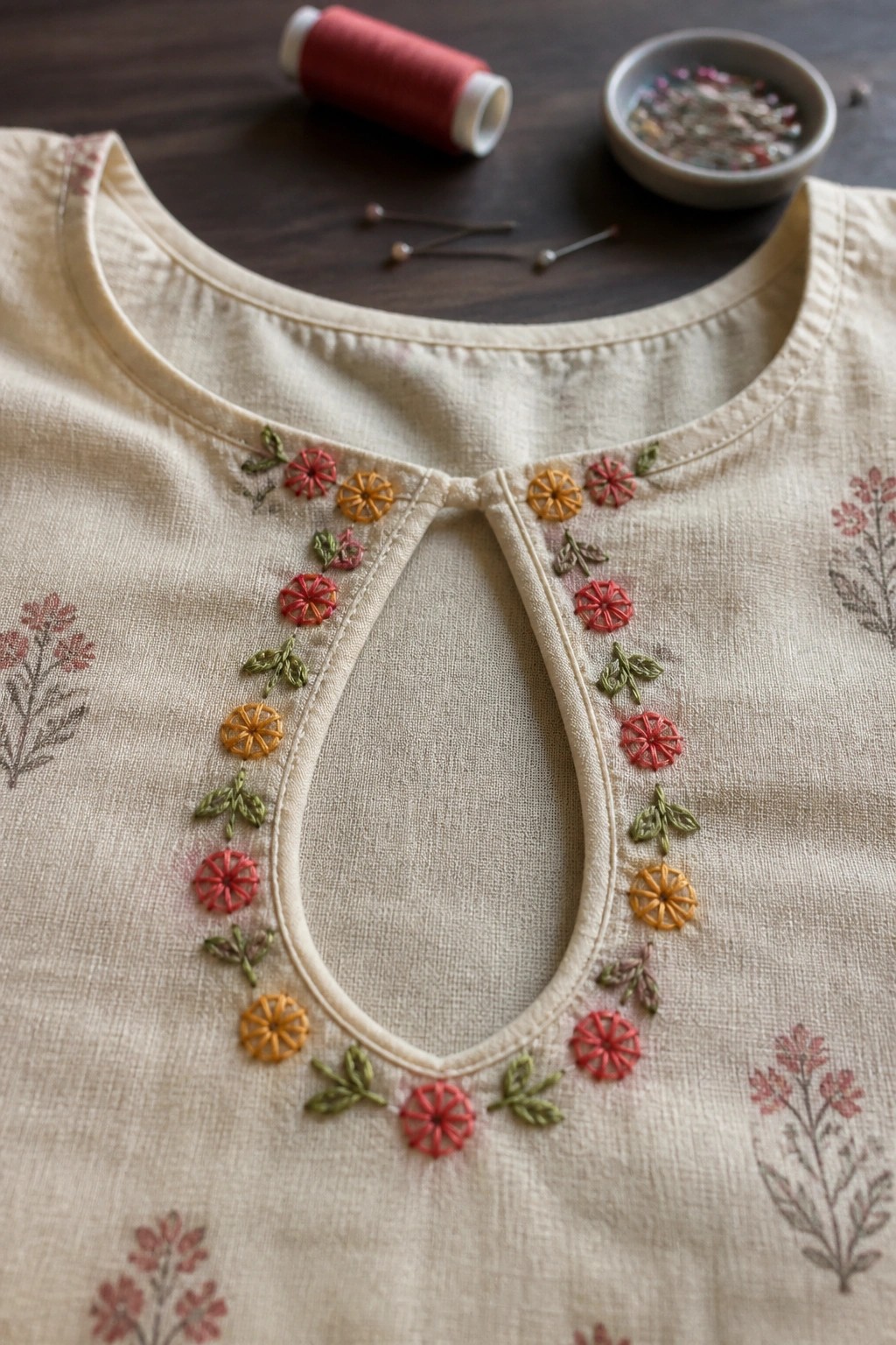Beige embroidered garment neckline with red thread spool and pins on wood