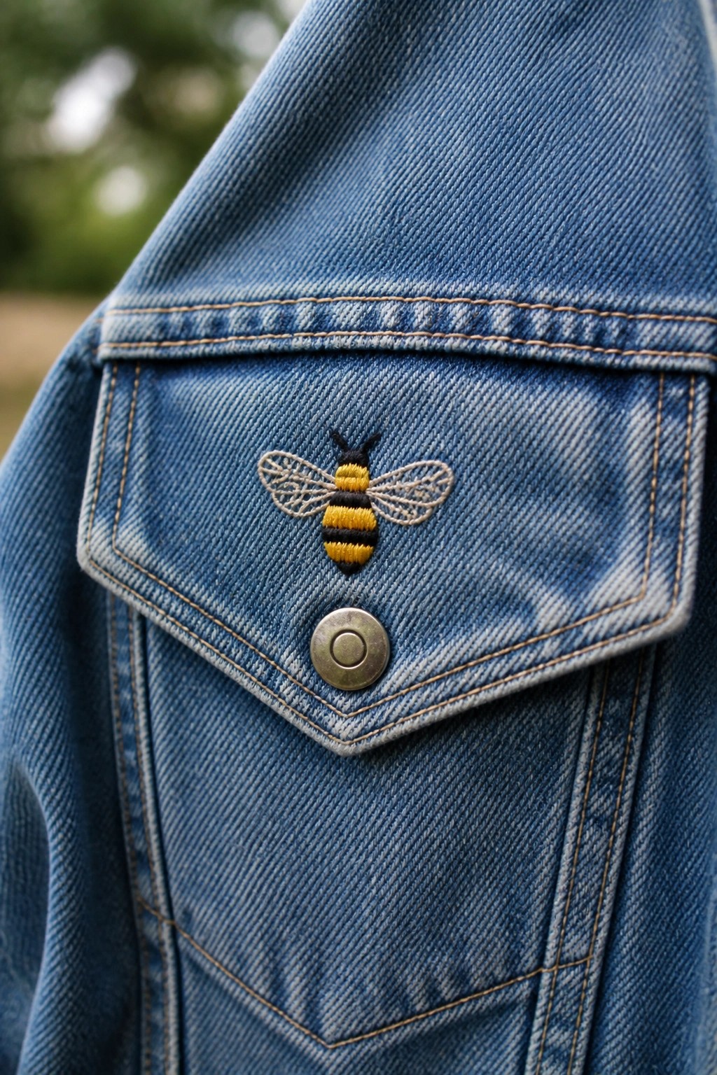 Blue denim jacket pocket with yellow-black embroidered bee above metal button