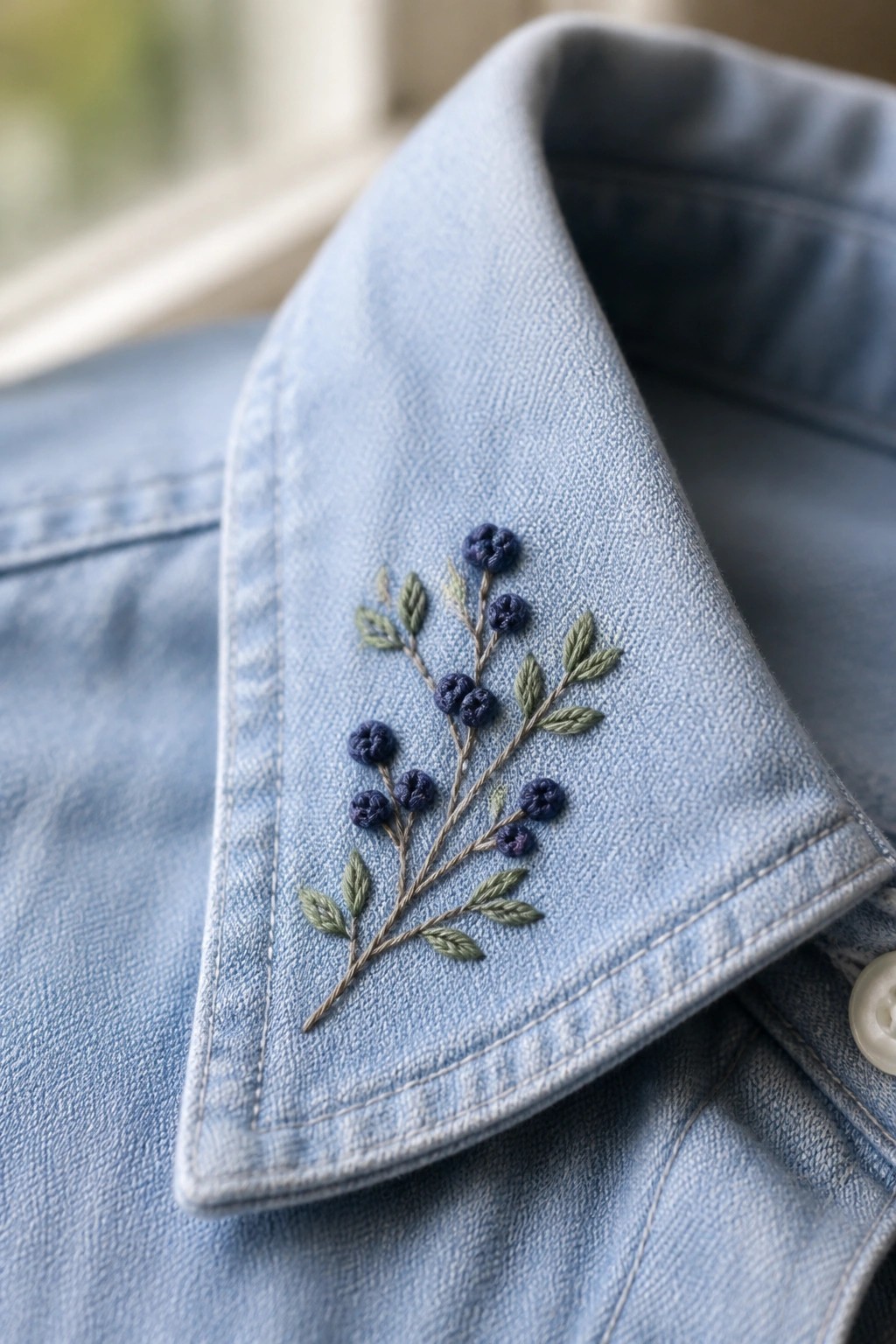 Close-up of light blue denim collar with embroidered branch of dark blue berries and green leaves.