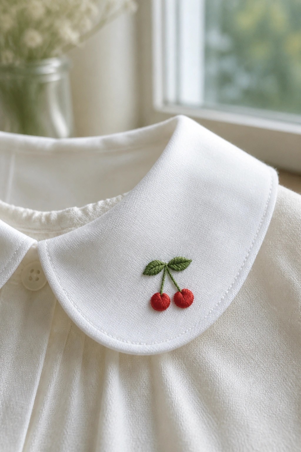 White shirt collar with two small red embroidered cherries and green leaves positioned on the right side.
