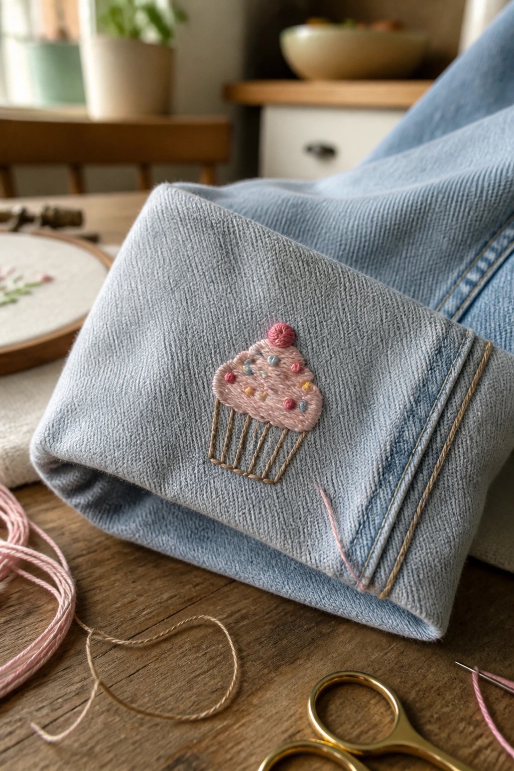 Light blue denim cuff with pink cupcake embroidery, threads and gold scissors nearby.