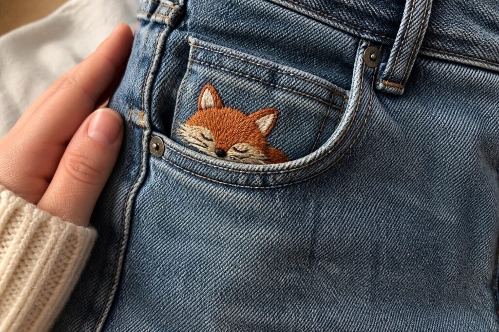 20 Tiny Hand Embroidery Motifs for Pockets Collars and Cuffs Blue denim jeans with embroidered fox peeking from pocket beside manicured hand