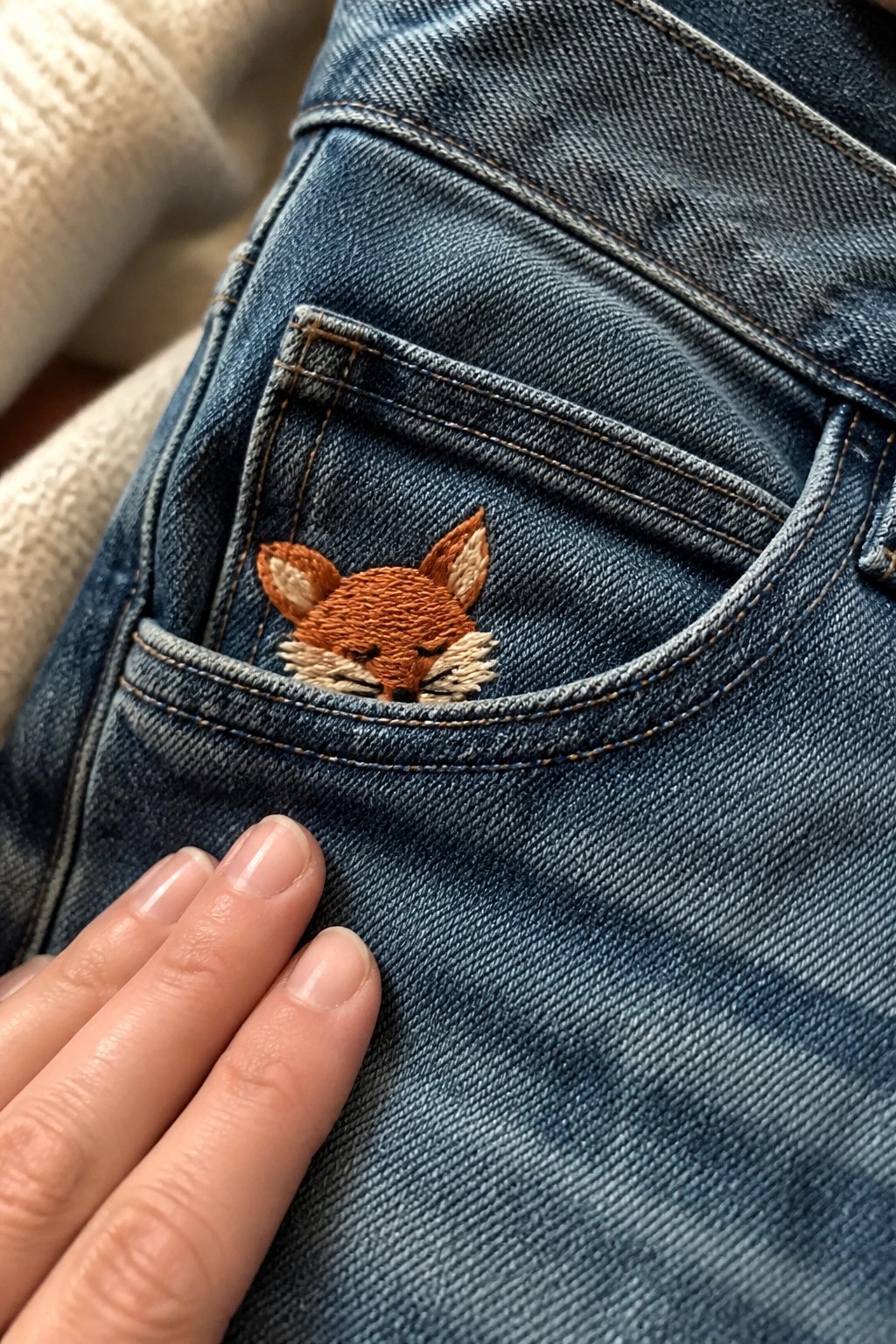 Blue denim jeans with embroidered fox peeking from pocket beside manicured hand