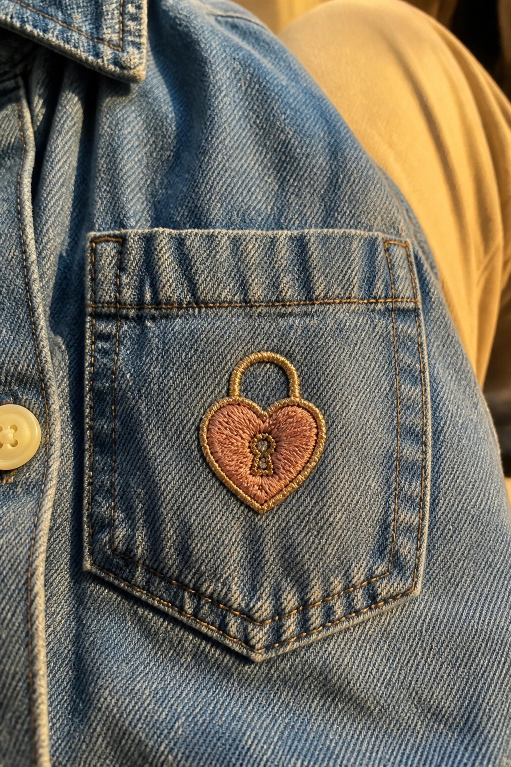 Denim jacket pocket with pink heart-shaped lock embroidery outlined in gold.