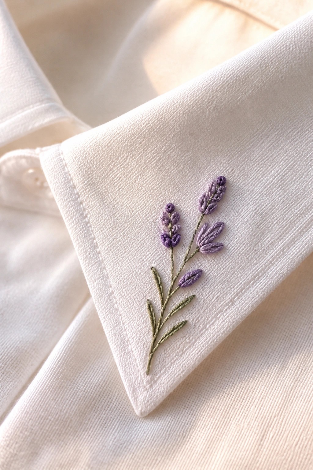Purple lavender embroidery with green stems on white shirt collar corner.