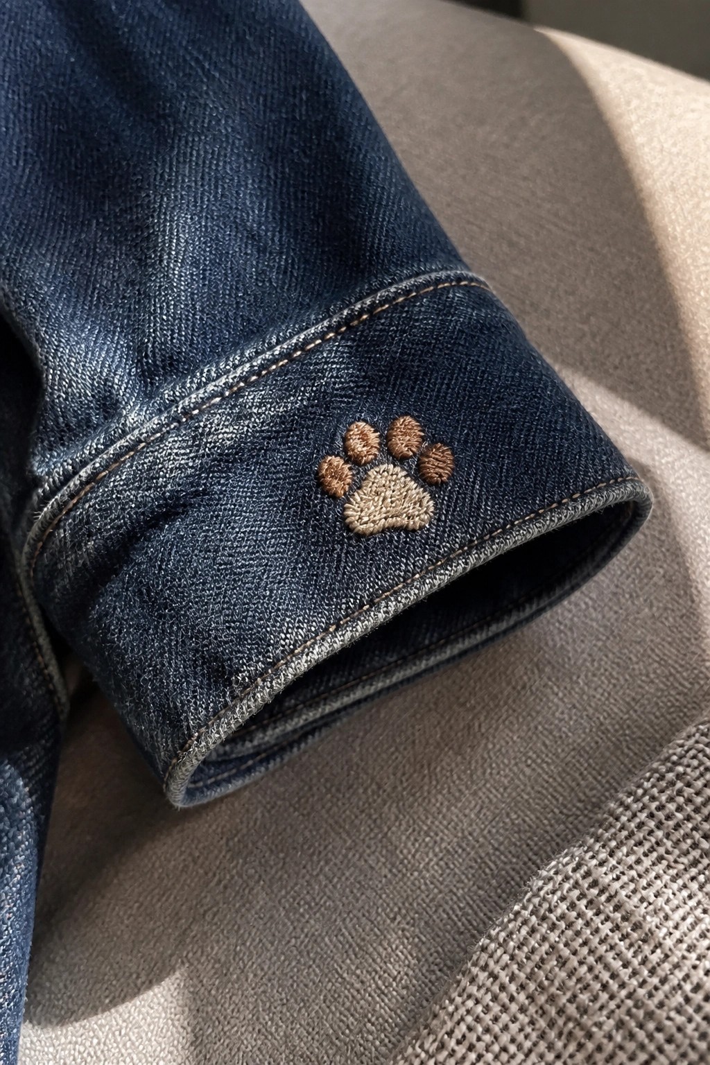 Dark blue denim jacket cuff with brown embroidered paw print detail