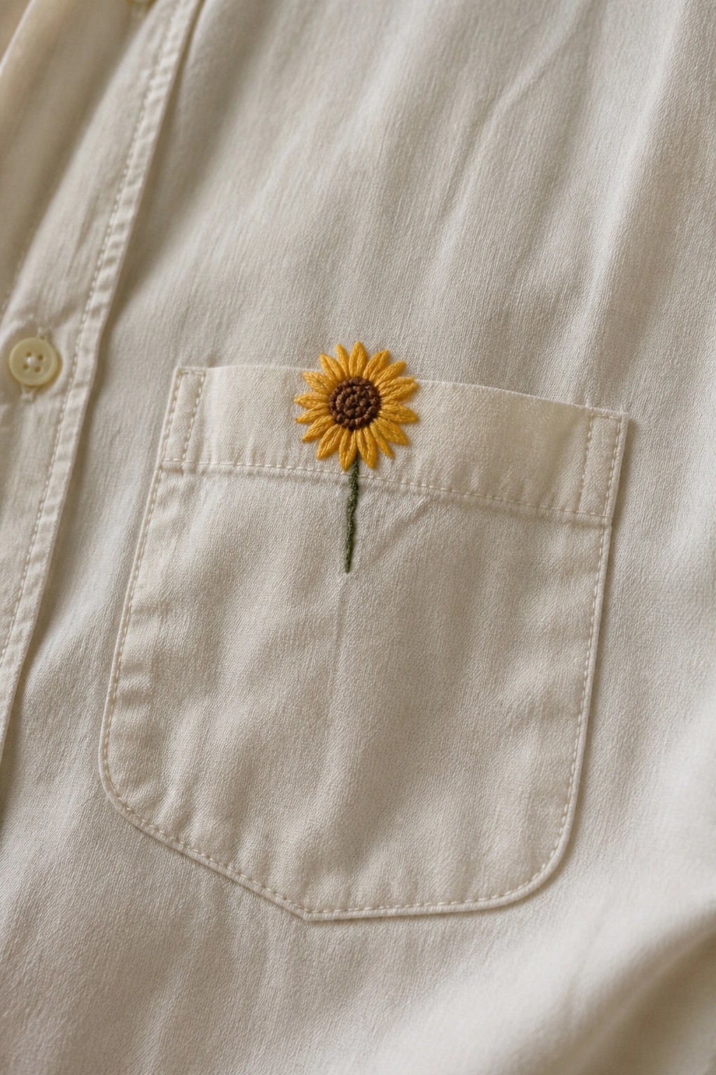 Off-white button-up shirt with yellow sunflower embroidery on chest pocket