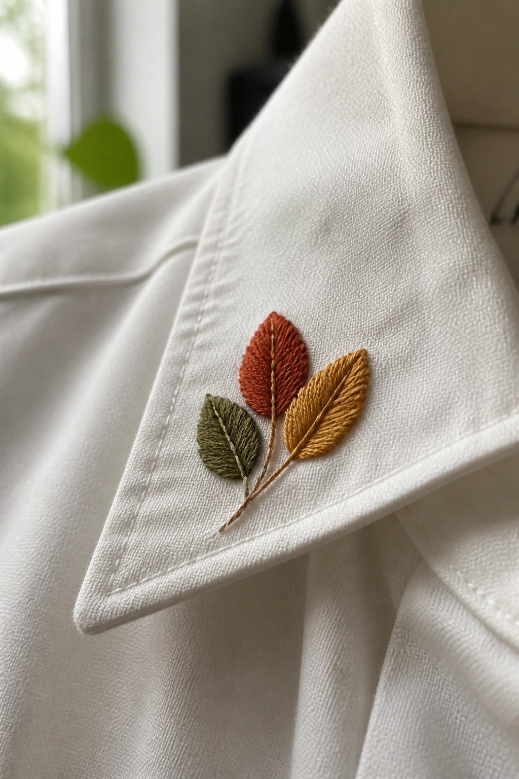 White shirt collar embroidered with green, orange, and yellow autumn leaves.