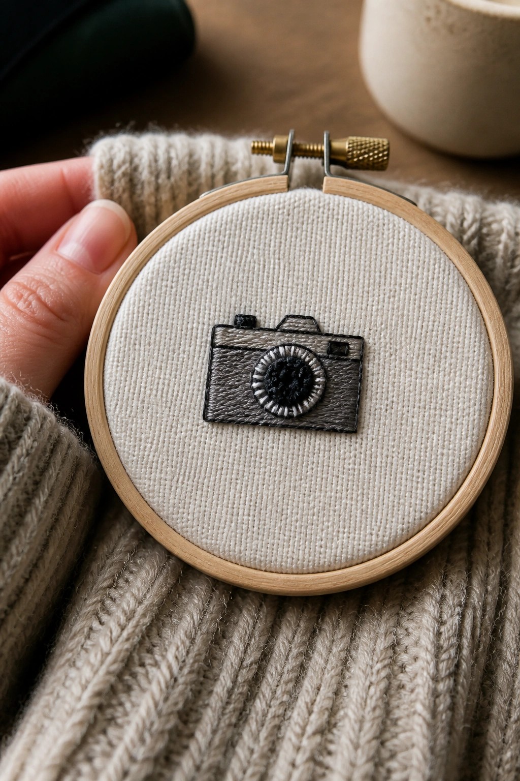 Hand in beige knit sweater holding hoop with gray embroidered camera