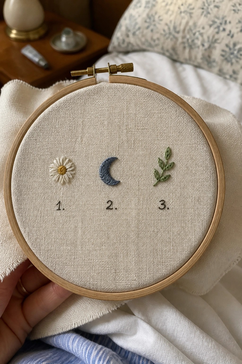 Hand holding embroidery hoop with daisy, moon, and leafy branch stitches